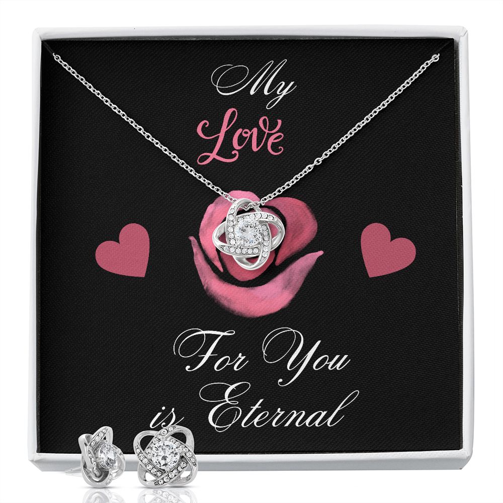 Love Knot Earring and Necklace Set, The enclosed card reads, "My love for you is eternal," making this the perfect gift for that special someone in your life.