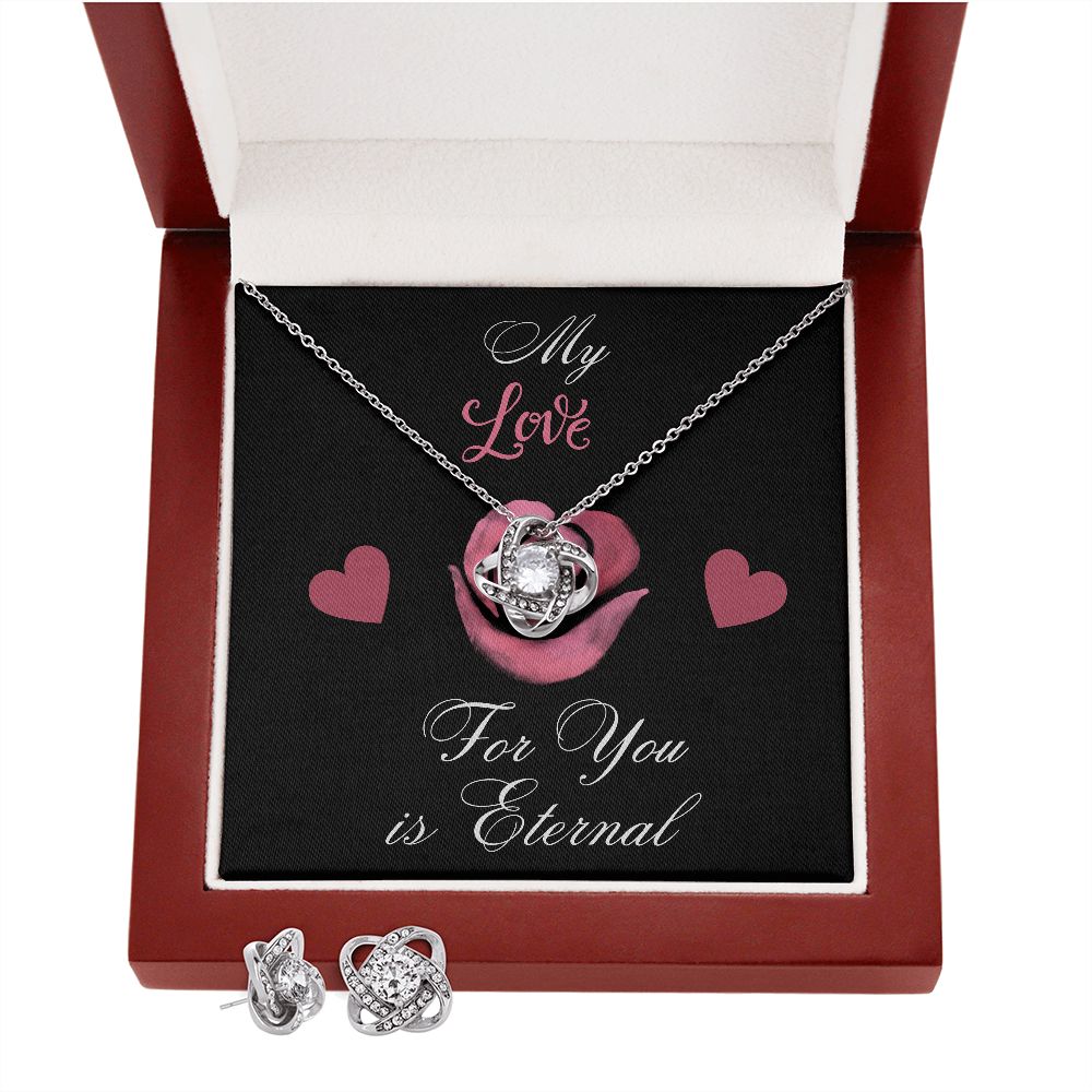 Love Knot Earring and Necklace Set, The enclosed card reads, "My love for you is eternal," making this the perfect gift for that special someone in your life.