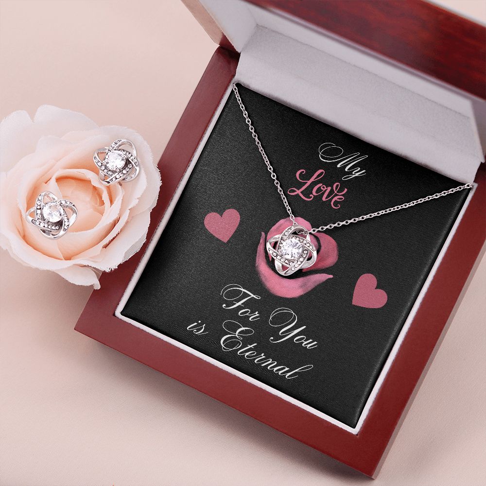 Love Knot Earring and Necklace Set, The enclosed card reads, "My love for you is eternal," making this the perfect gift for that special someone in your life.