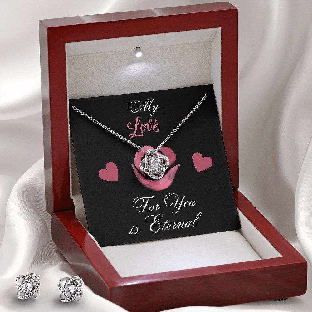 Love Knot Earring and Necklace Set, The enclosed card reads, "My love for you is eternal," making this the perfect gift for that special someone in your life.