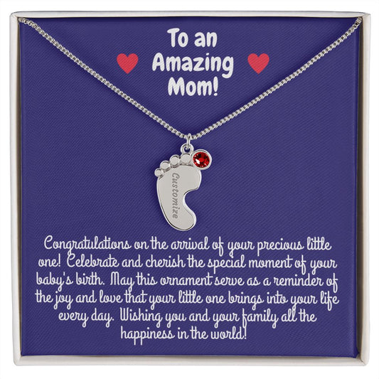 Engraved Baby Foot or Feet Pendant With Birthstone, For an Amazing Mom!