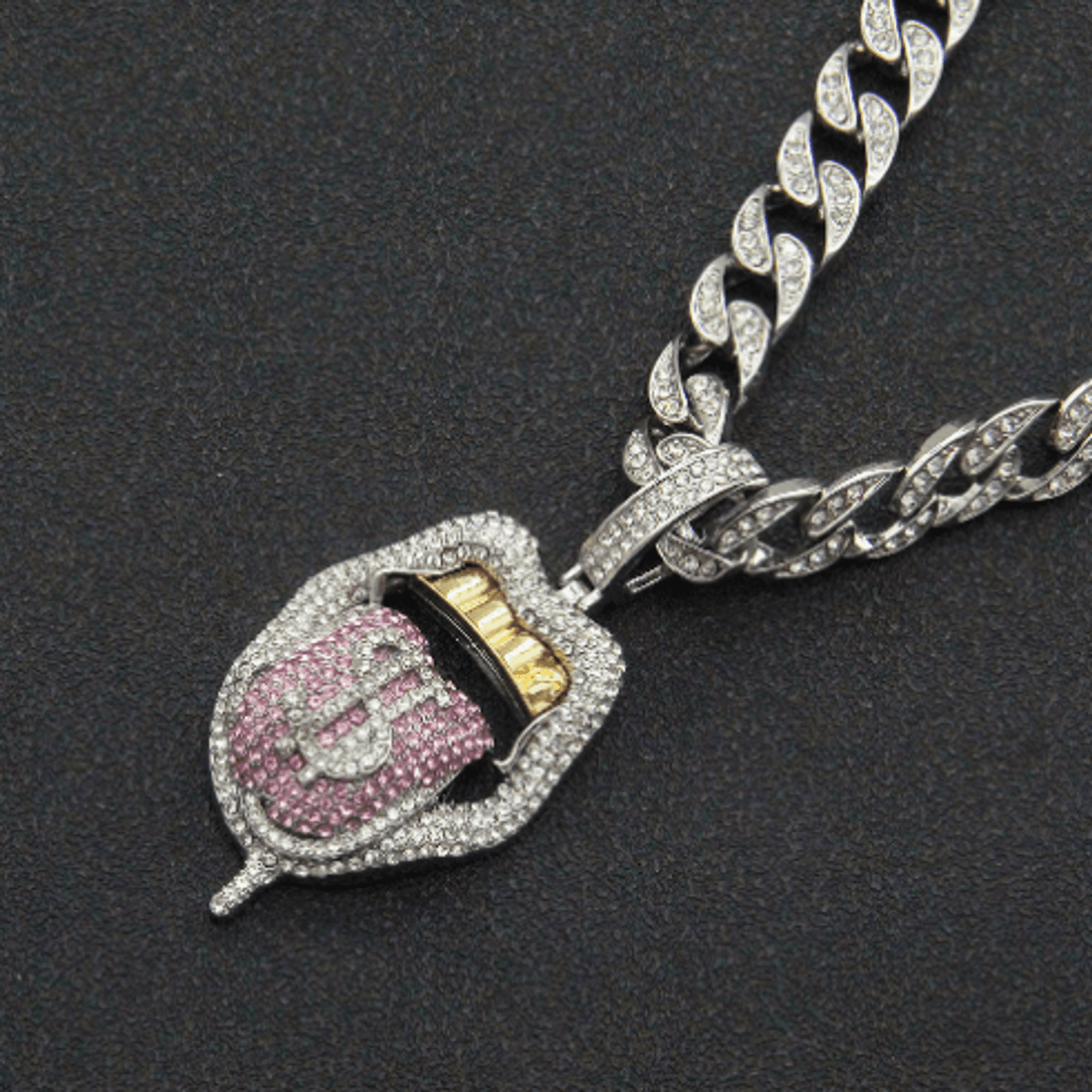 Dollar Tongue Shape Pendant with Pink Crystal Cuban Chain